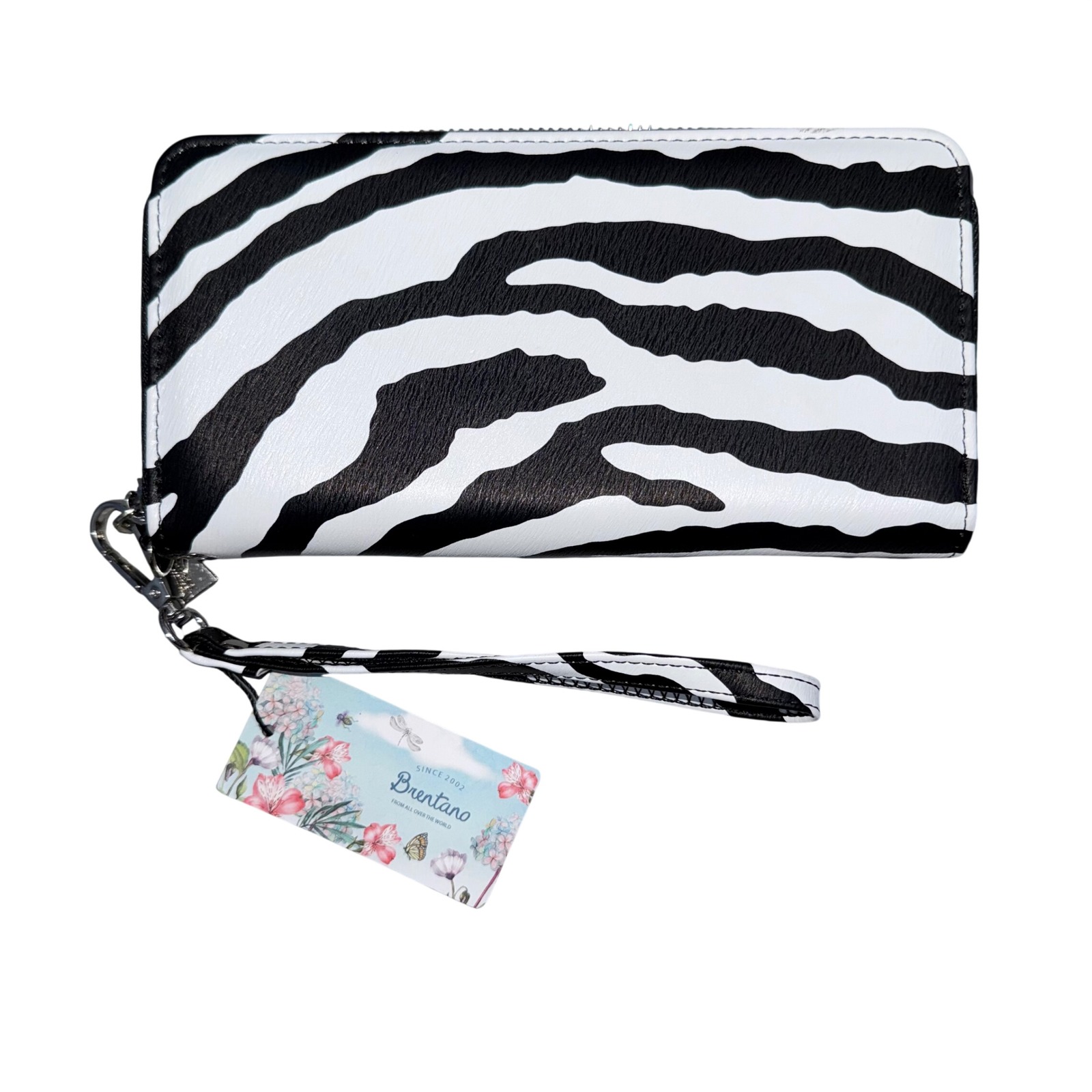 Brentano Zebra Print Zip Around Wristlet Wallet Black White New